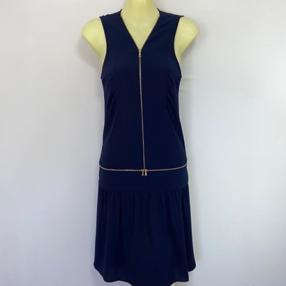 Sandro Paris Dress Navy Gold Tone Zipper Accent Ruffle Hem Nwot Sm - Picture 2 of 8